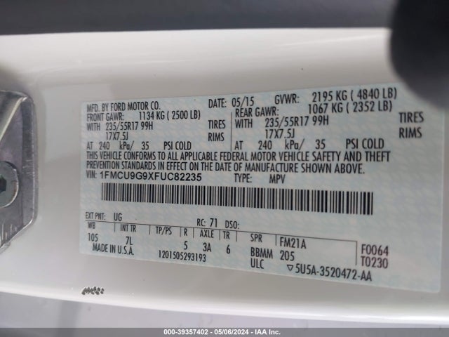 Ford ESCAPE SE 2015 1FMCU9G9XFUC82235 Image 9