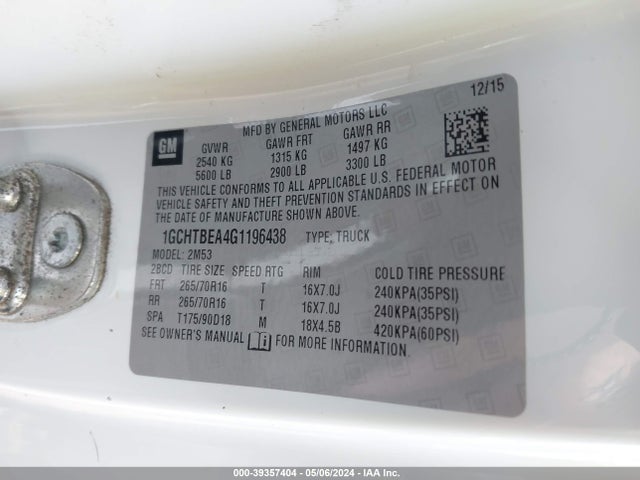 Chevrolet Colorado Wt 2016 1GCHTBEA4G1196438 Image 9