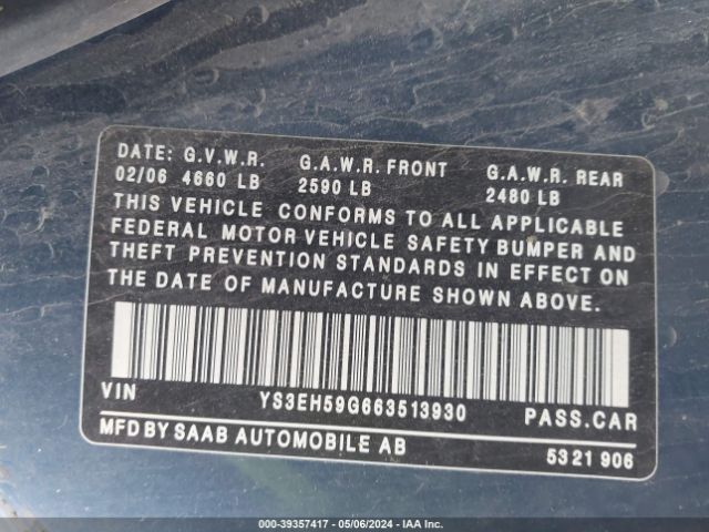 2006 SAAB 9-5 YS3EH59G663513930 Photo 8