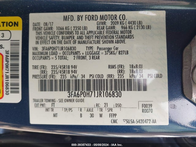 Ford FUSION SE 2018 3FA6P0H71JR106830 Image 9
