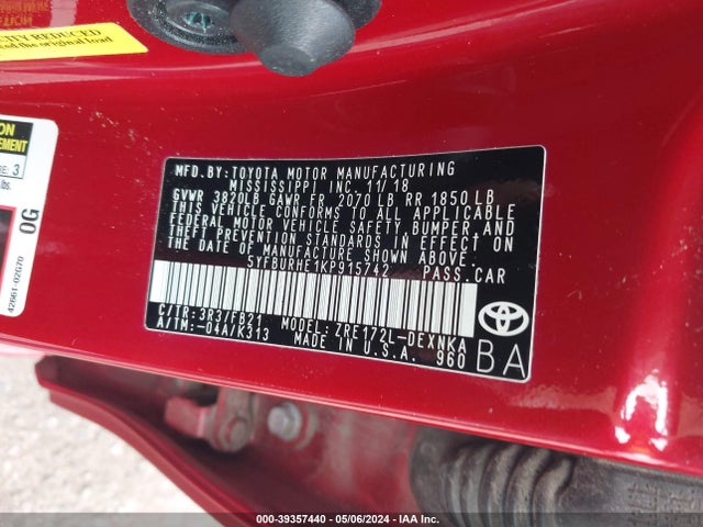 Toyota COROLLA LE 2019 5YFBURHE1KP915742 Image 9