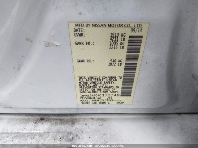 Nissan Altima 2.5 S 2015 1N4AL3AP0FC177749 Image 9