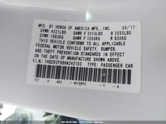 Honda Accord Ex-l 2017 1HGCR2F86HA242150 Image 9