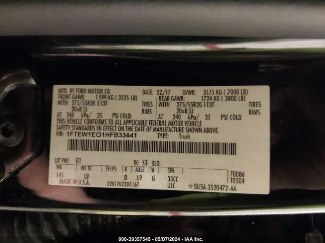 1FTEW1EG1HFB33441 Ford F-150 Lariat