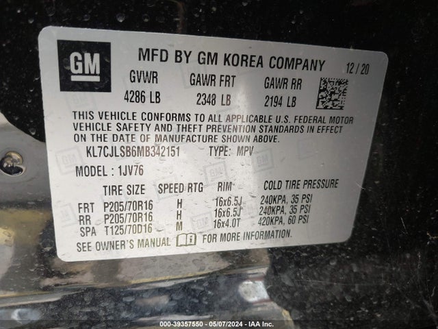 Chevrolet Trax Fwd Lt 2021 KL7CJLSB6MB342151 Image 9