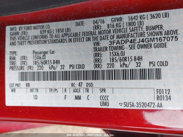 Ford FIESTA SE 2016 3FADP4EJ4GM167075 Image 9
