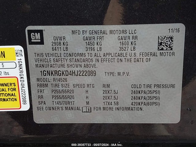 Chevrolet Traverse 1lt 2017 1GNKRGKD4HJ222089 Image 9