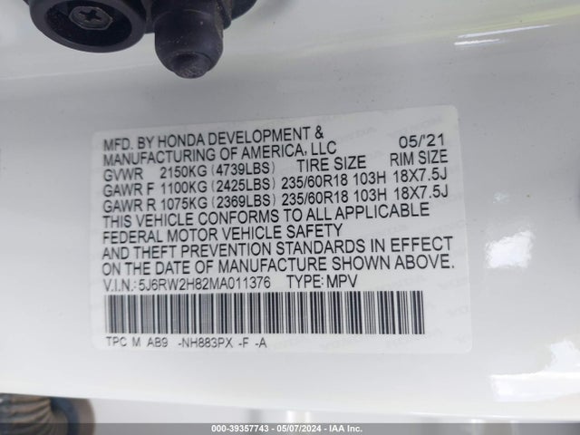 Honda Cr-v Awd Ex-l 2021 5J6RW2H82MA011376 Image 9