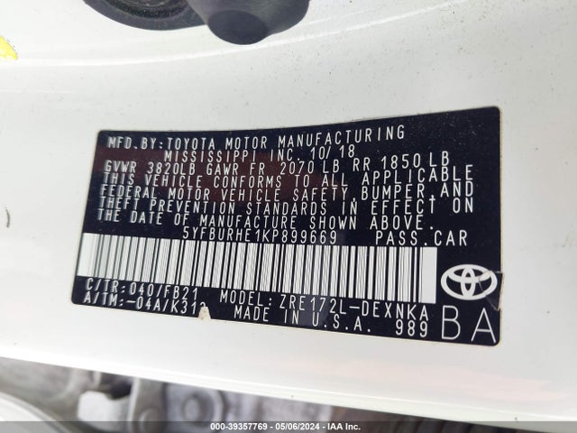 Toyota COROLLA LE 2019 5YFBURHE1KP899669 Image 9