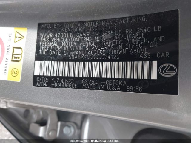 58ABK1GG3GU024120 Lexus ES 350