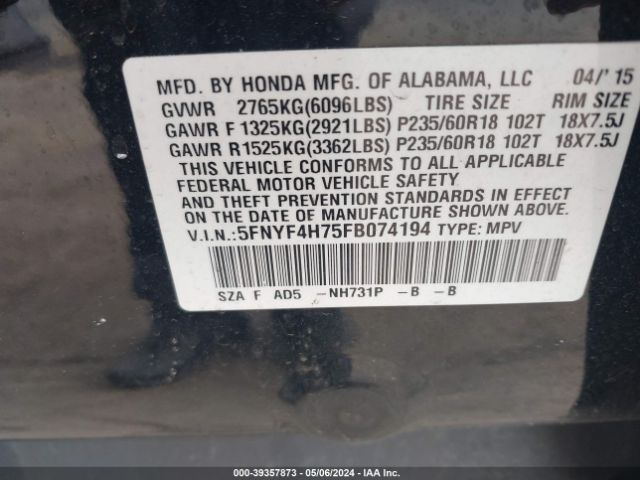 5FNYF4H75FB074194 Honda Pilot Ex-l