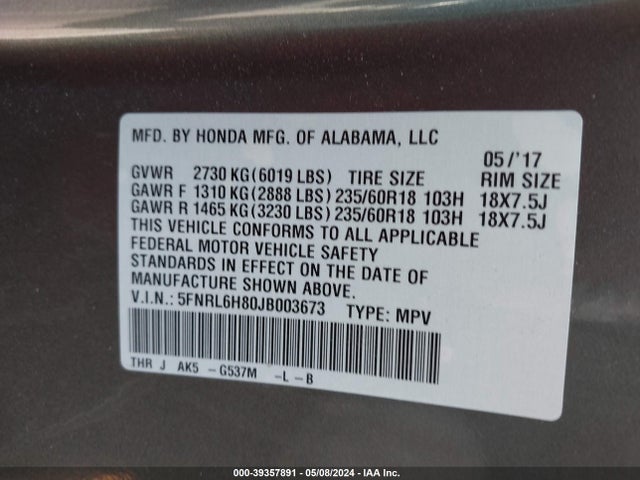 Honda Odyssey Touring 2018 5FNRL6H80JB003673 Image 9