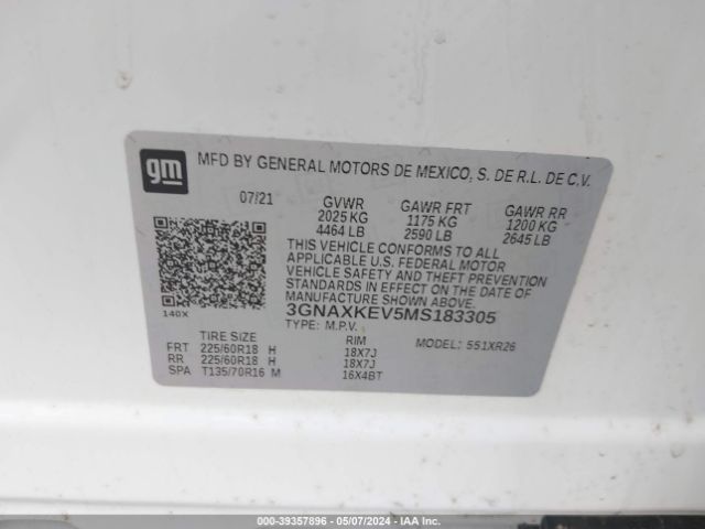 3GNAXKEV5MS183305 Chevrolet Equinox Fwd Lt