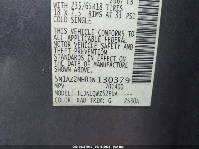 Nissan MURANO SV 2018 5N1AZ2MH0JN130379 Image 9