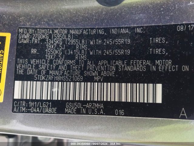 5TDKZRFH8HS521069 Toyota Highlander Se