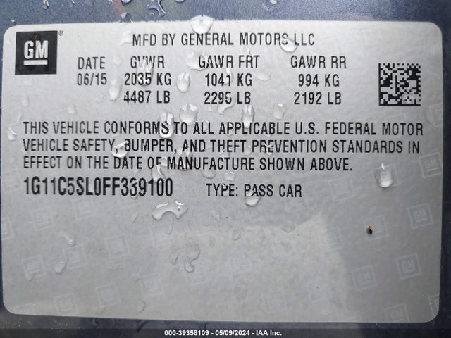 Chevrolet MALIBU 1LT 2015 1G11C5SL0FF339100 Image 9
