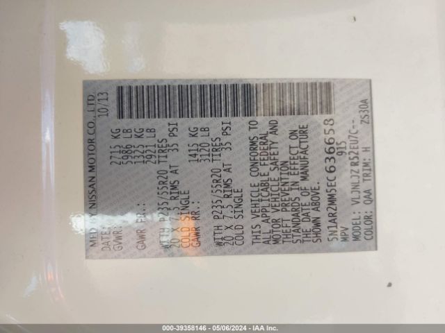 5N1AR2MM5EC636658 Nissan Pathfinder Platinum