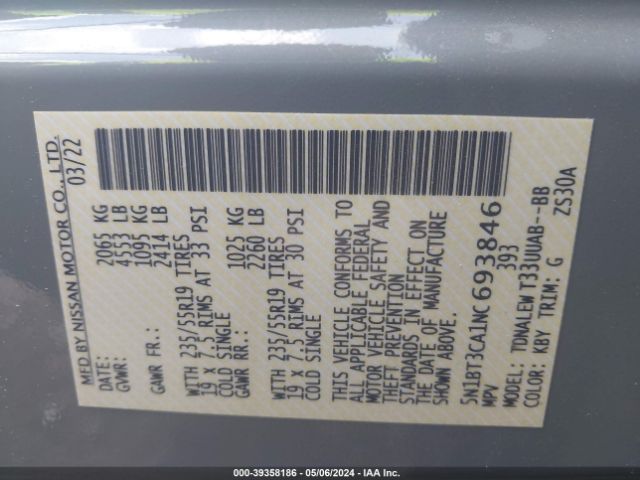 5N1BT3CA1NC693846 Nissan Rogue Sl Fwd