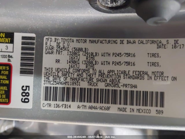 Toyota Tacoma Sr V6 2017 3TMCZ5AN6HM118931 Image 9