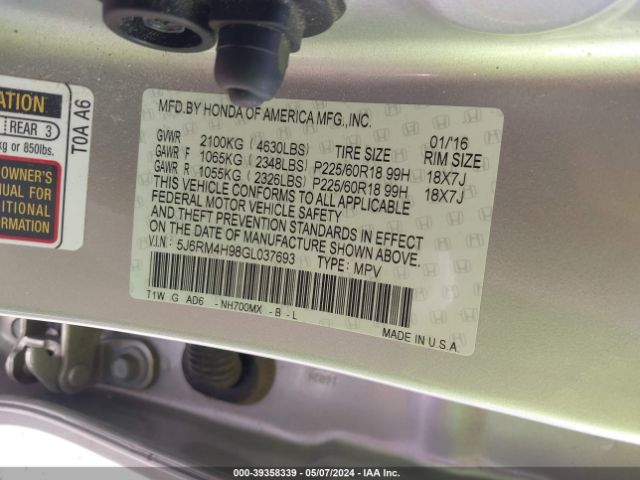 5J6RM4H98GL037693 Honda Cr-v Touring