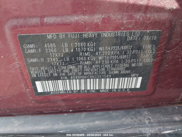 Продажа на аукционе авто 2011 Subaru Outback 2.5i Limited, vin: 4S4BRBKC8B3351589, номер лота: 39358409