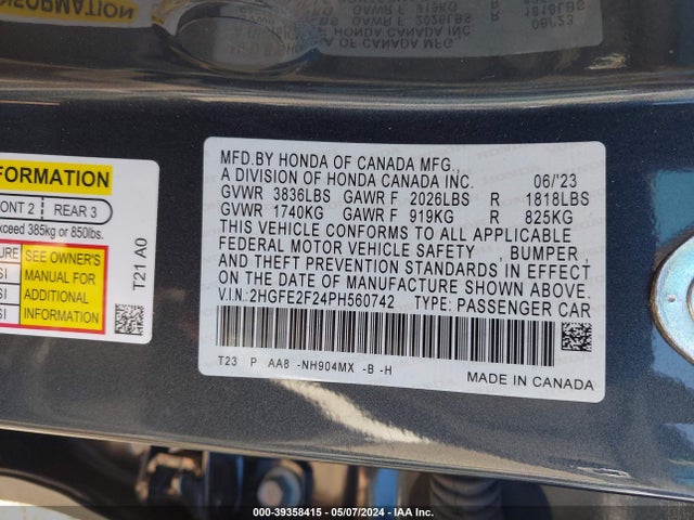 Honda Civic Lx 2023 2HGFE2F24PH560742 Image 9