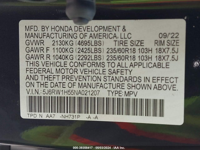 Honda Cr-v 2wd Ex 2022 5J6RW1H55NA021207 Image 9