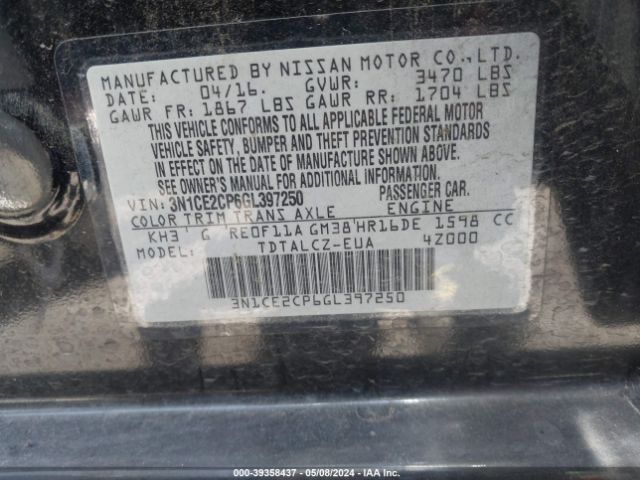 3N1CE2CP6GL397250 Nissan Versa Note S (sr)/s Plus/sl/sr/sv