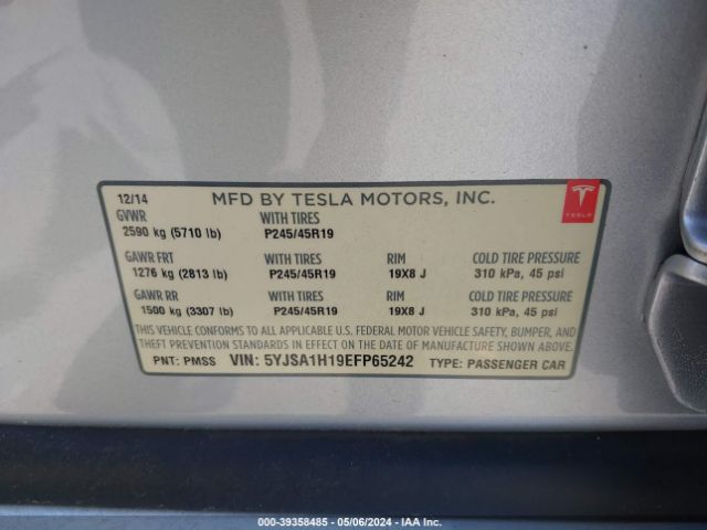 5YJSA1H19EFP65242 Tesla Model S P85