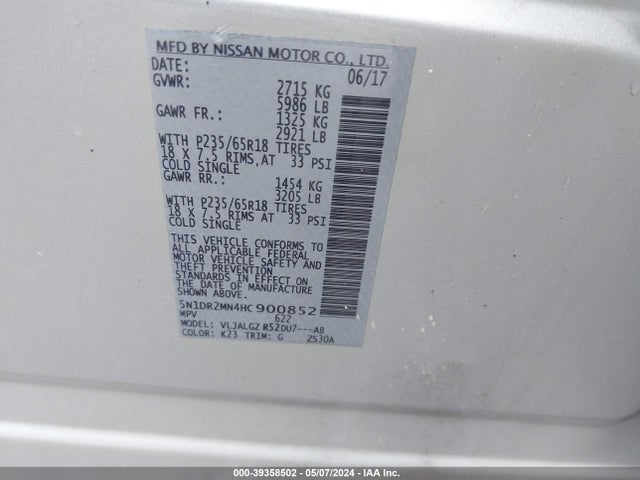 Nissan Pathfinder Sl 2017 5N1DR2MN4HC900852 Image 9