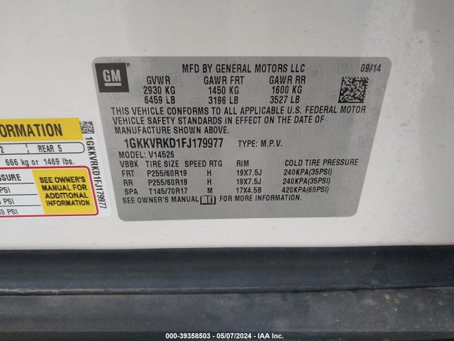 GMC Acadia Slt-1 2015 1GKKVRKD1FJ179977 Image 9