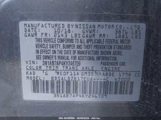 Nissan SENTRA SV 2019 3N1AB7AP4KY246709 Image 9