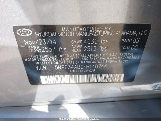 Hyundai Sonata Limited 2.0t 2015 5NPE34AB0FH140744 Image 9