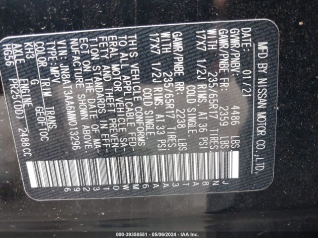 JN8AT3AA6MW013296 Nissan Rogue S Fwd