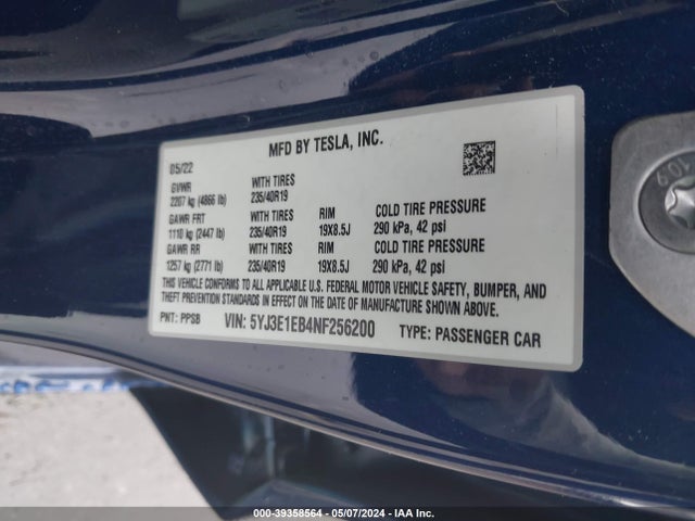 Tesla Model 3 Long Range Dual Motor All-wheel Drive 2022 5YJ3E1EB4NF256200 Image 9