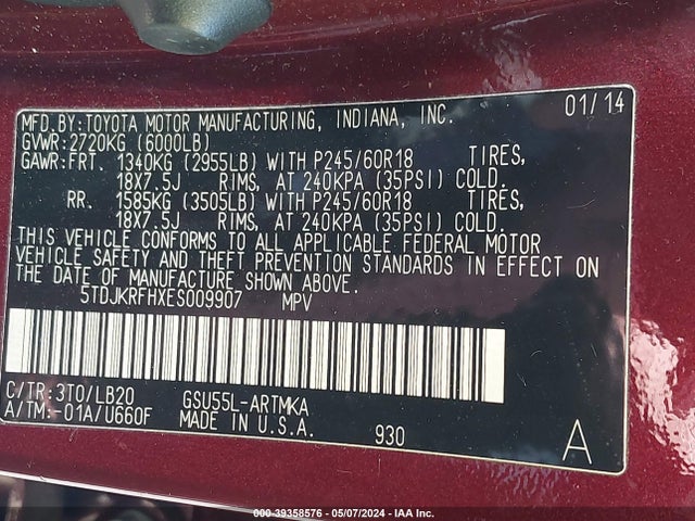 Toyota Highlander Xle V6 2014 5TDJKRFHXES009907 Image 9