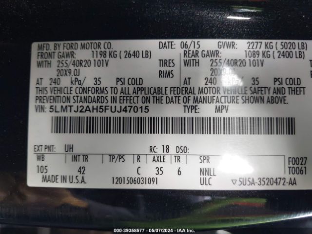 5LMTJ2AH5FUJ47015 Lincoln MKC
