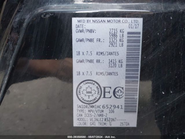 5N1DR2MM1HC652941 Nissan Pathfinder Platinum/s/sl/sv