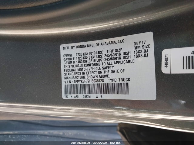 Honda Ridgeline Rtl-e 2017 5FPYK3F72HB035128 Image 9