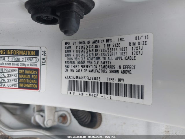 Honda Cr-v Ex-l 2015 5J6RM4H77FL028822 Image 9