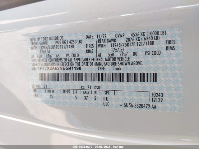 Ford F-250 Xl 2022 1FT7X2A62NEG41198 Image 9
