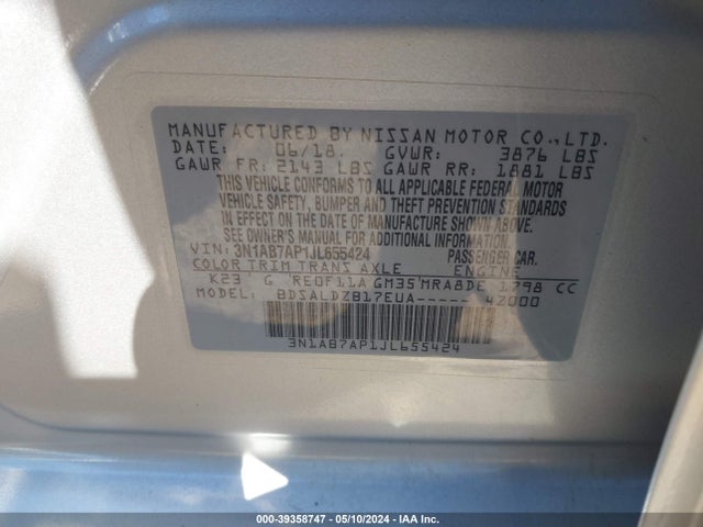 Nissan SENTRA SV 2018 3N1AB7AP1JL655424 Image 9