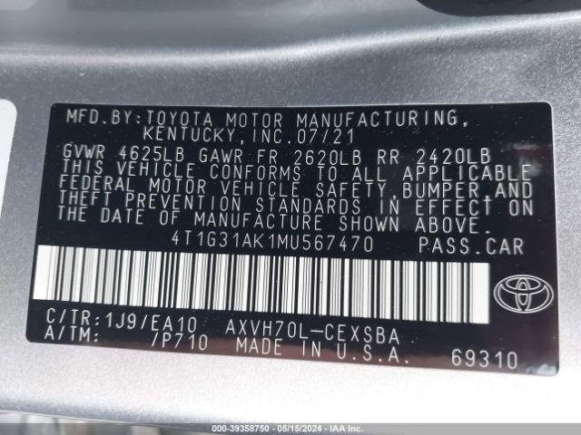 4T1G31AK1MU567470 Toyota Camry Se Hybrid