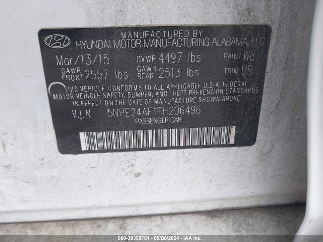 Hyundai SONATA SE 2015 5NPE24AF1FH206496 Image 9