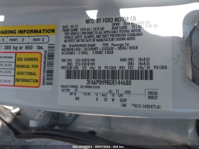 Ford FUSION SE 2016 3FA6P0H98GR144680 Image 9