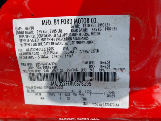 MAJ3S2FE0LC378205 Ford ECOSPORT S