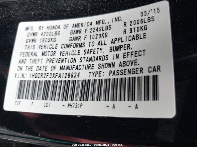 Honda ACCORD LX 2015 1HGCR2F3XFA129934 Image 9