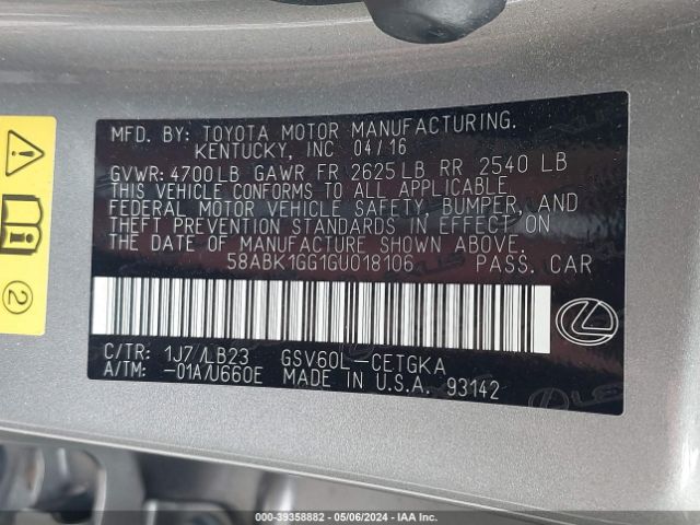 2016 LEXUS ES 350 58ABK1GG1GU018106 Photo 8