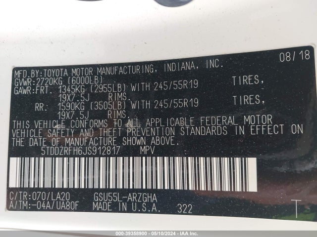 Toyota Highlander Limited Platinum 2018 5TDDZRFH6JS912817 Image 9