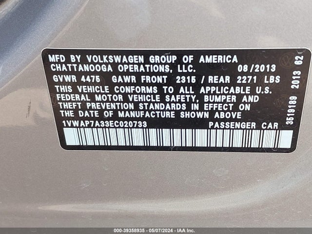 Volkswagen Passat 2.5l Wolfsburg Edition 2014 1VWAP7A33EC020733 Image 9
